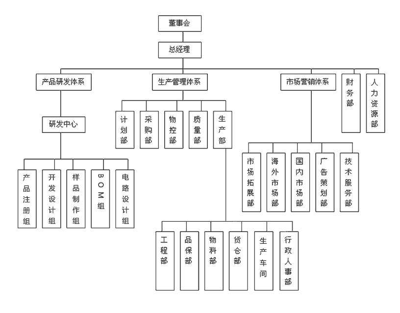 董事会领导下总经理负责制,公司下设产品研发体系,产品管理体系,市场营销体系,财务部,人力资源部等部门